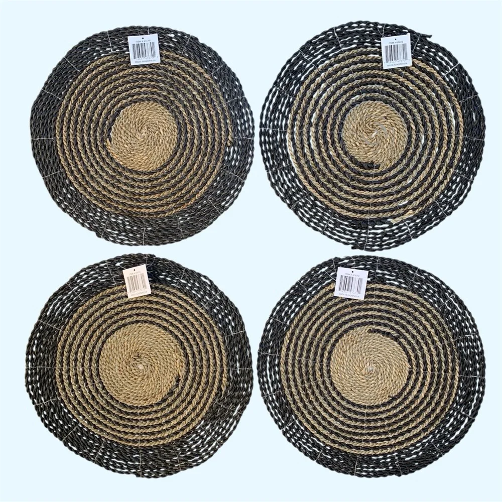 Decmode Round Striped Gray and Natural Seagrass Woven Placemats ~ Set of 4